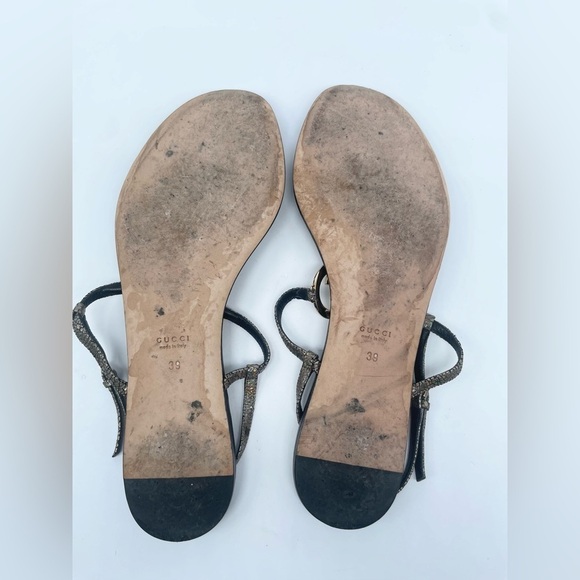 Gucci Black Metallic Leather Ellemere GG Interlocking HEART Thong Sandal EU 39 - Picture 7 of 11
